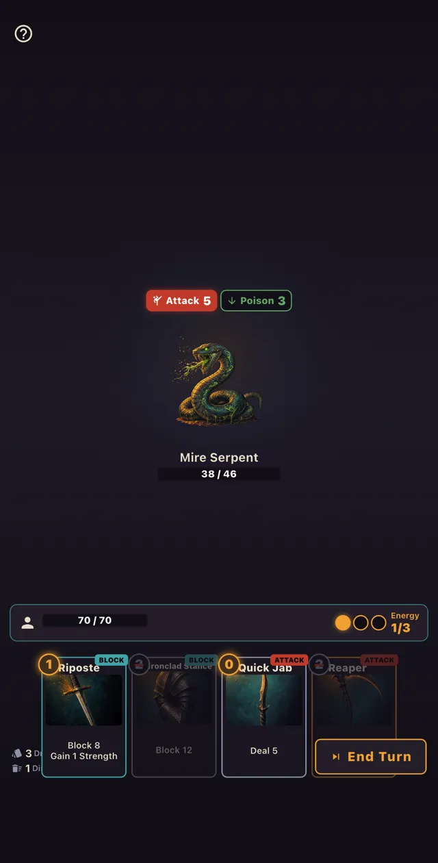 Combat: the Mire Serpent telegraphs Attack 5 and Poison 3 above a hand of cards