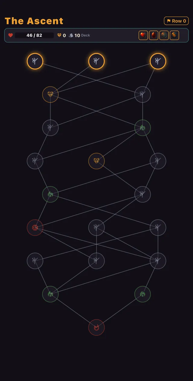 The Ascent: a branching map of fights, elites, campfires and treasure leading up to the boss