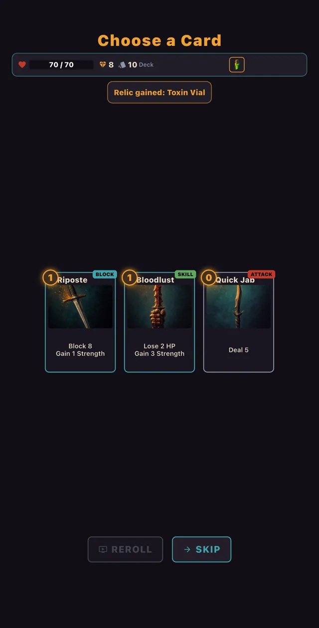 Card reward: choose one of three cards to add to your deck after a fight