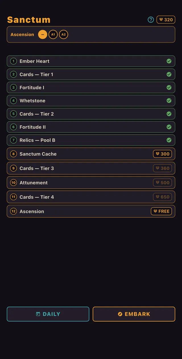The Sanctum: a track of permanent unlocks bought with shards