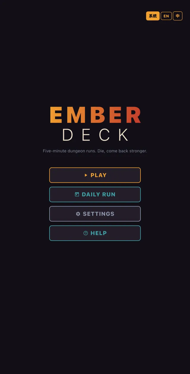 Ember Deck title screen with Play, Daily Run, Settings and Help
